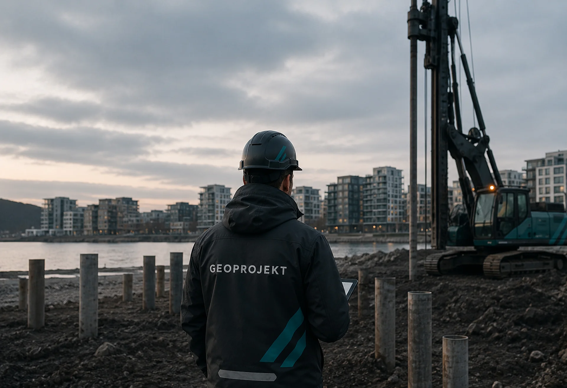 En man med Geoprojekt-jack på en arbetsplats